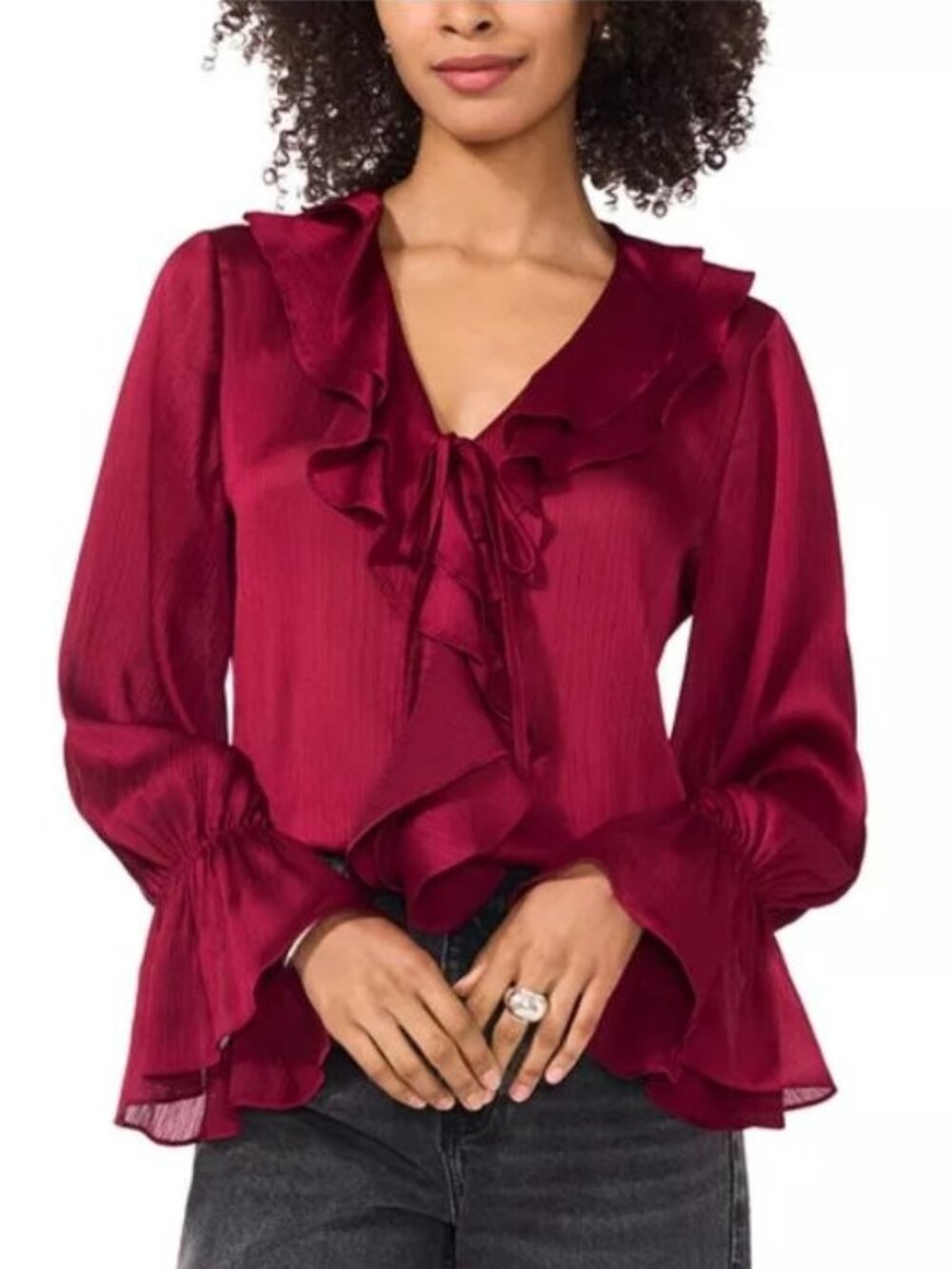 $89 Vince Camuto Double ruffled Blouse Deep Sangria Size L